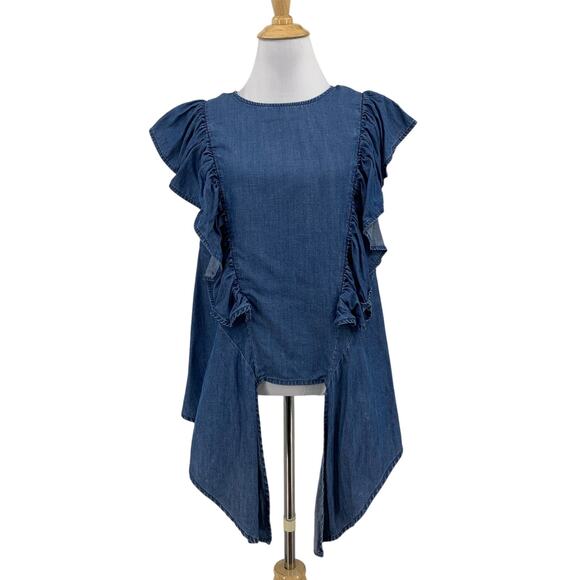 Frame Top Womens Large Springfield Blue Chambray Ruffle Tie Flutter Sleeve Denim - Picture 1 of 13